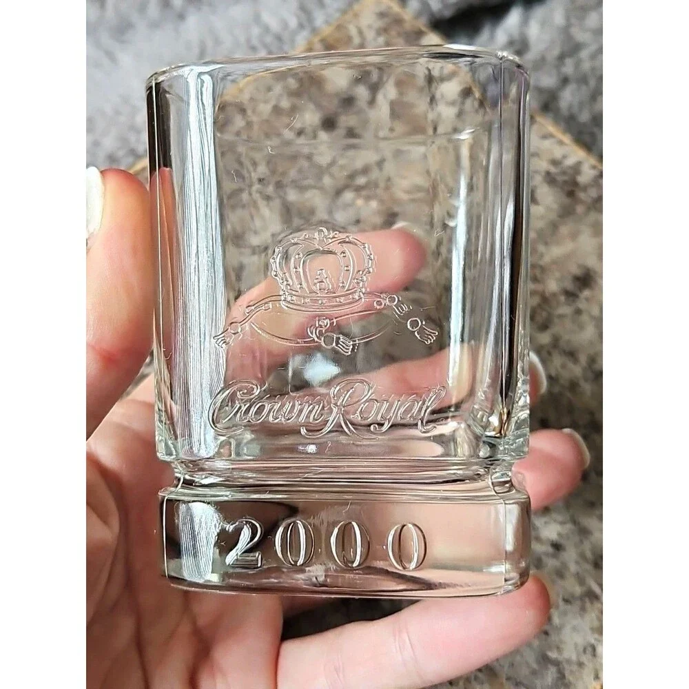 Set Of 2 Y2K Millennium Crown Royal Whiskey Rocks Glasses Embossed Logo W/ 2000